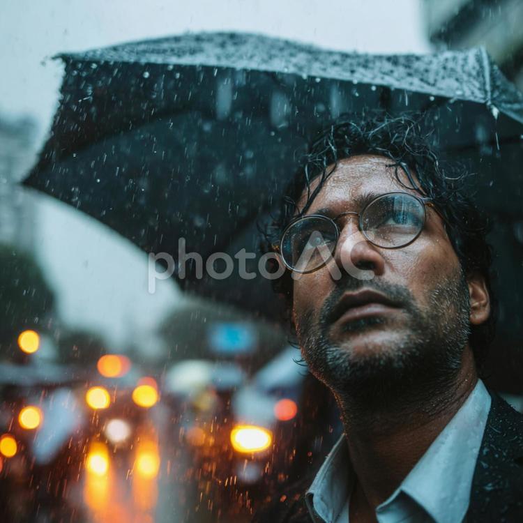 雨の中傘をさすスーツの男性 男性,ビジネスマン,サラリーマンの写真素材