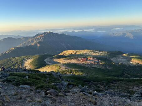 白山 白山,山頂,ご来光の写真素材
