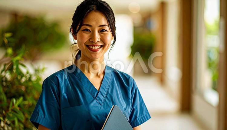 ファイルを抱える笑顔の日本人女性看護師 看護士,若い,白衣の写真素材