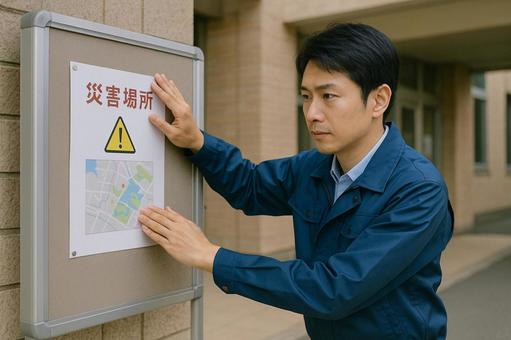 災害掲示板を設置する職員 災害掲示板を設置する職員の写真