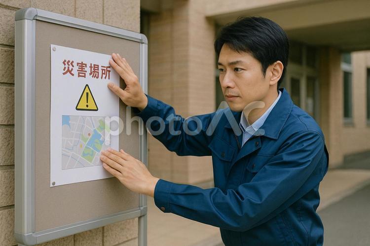 災害掲示板を設置する職員 災害,防災,掲示板の写真素材