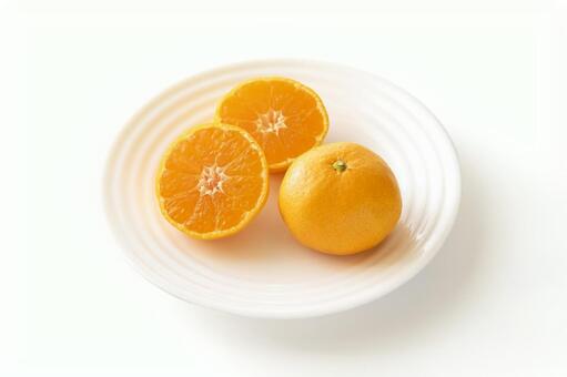 白い皿に乗せたみかん+輪切り ミカン,みかん,柑橘類の写真素材