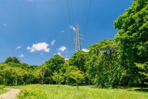 鉄塔のある風景ー夏⑸ 鉄塔,送電線,緑の写真素材