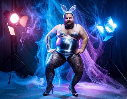 バニーのコスチュームでステージに立つ男性 バニーのコスチュームでステージに立つ男性の写真