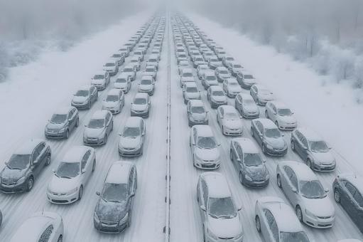 大雪の渋滞高速道路 大雪の渋滞高速道路の写真