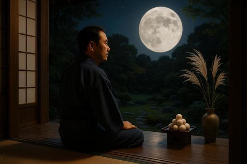 縁側から庭の月を眺める男性 縁側から庭の月を眺める男性の写真