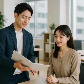 資料を見ながら話す会社員 資料を見ながら話す会社員の写真