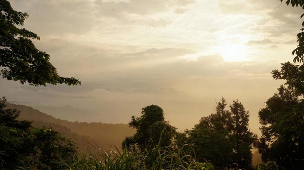 Photo, outdoor, summer mountain, evening mist, 