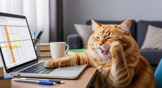 ノートパソコンに向かって大あくびする猫 ノートパソコンに向かって大あくびする猫の写真