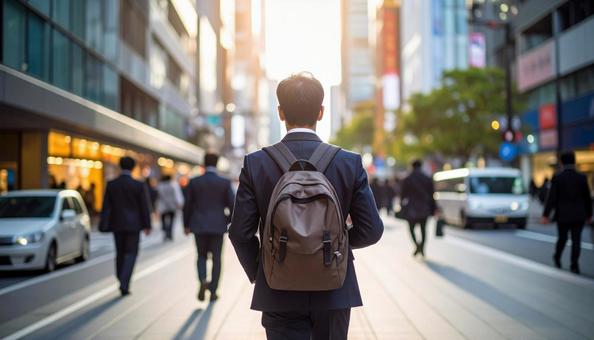 街中を通勤で歩いていくリュック姿の男性 街中を通勤で歩いていくリュック姿の男性の写真