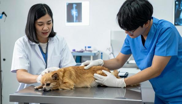 獣医と診察される犬 獣医と診察される犬の写真