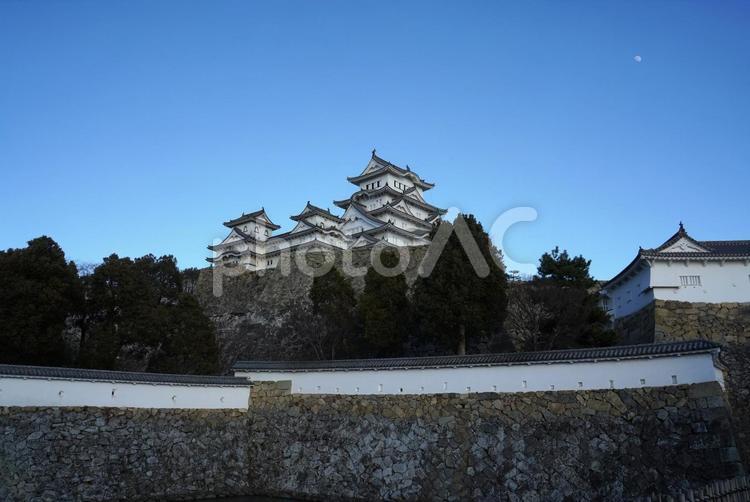 姫路城と月（三国堀から） 姫路城,城,月の写真素材