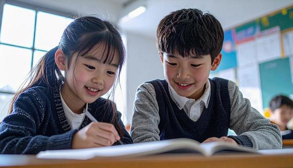 学校の教室で勉強している小学生2人 学校の教室で勉強している小学生2人の写真