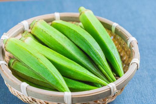 竹ざるに盛られた新鮮なオクラ 竹ざるに盛られた新鮮なオクラ オクラ,野菜,緑色の写真素材