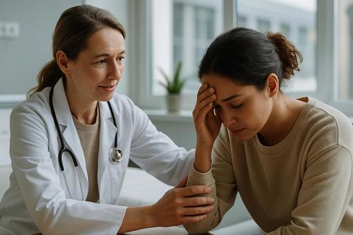 医師に悩みを打ち明けるうつ病の女性 医師に悩みを打ち明けるうつ病の女性の写真