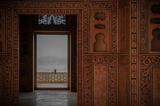 窓枠と鳥の風景 アーグラ城,窓,鳥の写真素材