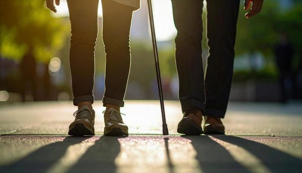 視覚障害者の女性を誘導する男性 視覚障害者の女性を誘導する男性の写真