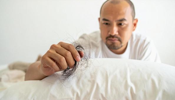脱毛症で枕の抜けた髪の毛を手に取る男性 脱毛症で枕の抜けた髪の毛を手に取る男性の写真
