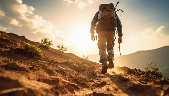 山道を歩く登山家の後姿のシルエット 山道を歩く登山家の後姿のシルエットの写真