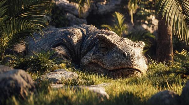 緑豊かな場所で横たわるのんびりとした恐竜 緑豊かな場所で横たわるのんびりとした恐竜の写真