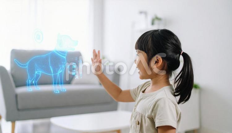 ホログラムペットと笑顔の子ども ホログラム,ペット,子どもの写真素材