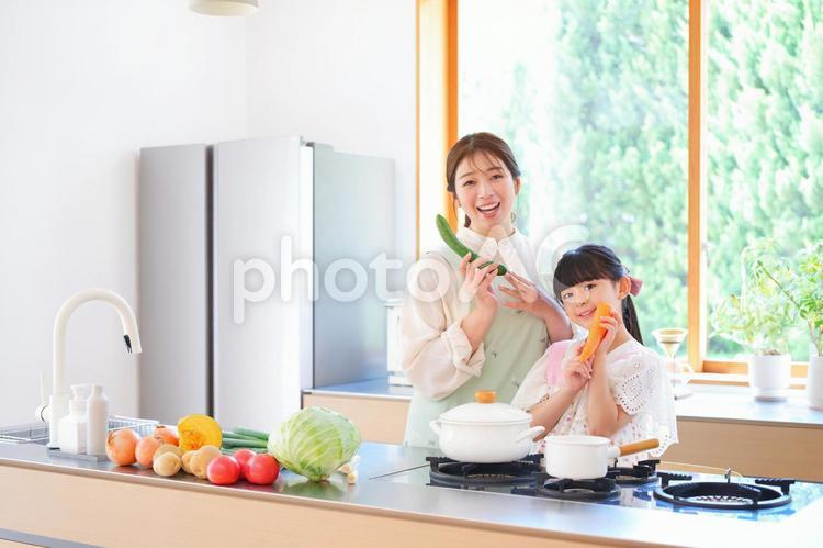 カメラ目線で野菜を持つ母子 娘,母,きゅうりの写真素材