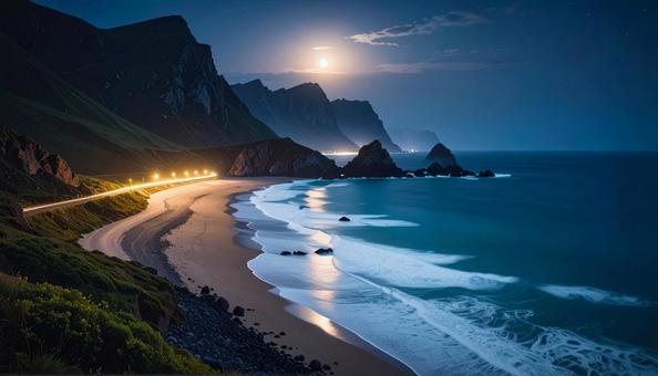 南国のビーチの夜景 月 南国のビーチの夜景 月 の写真