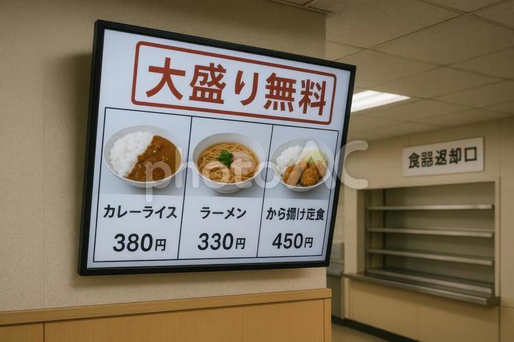 学食のメニューにある「大盛り無料」表示 学食,メニュー,大盛り無料の写真素材