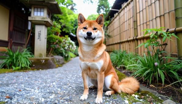 庭先で柴犬が座ってこちらを見上げている 庭先で柴犬が座ってこちらを見上げているの写真