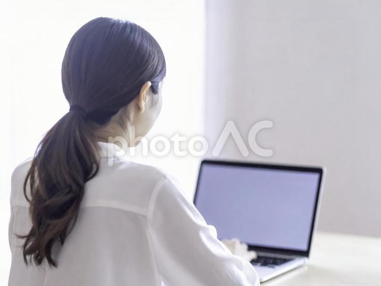 ノートパソコンを操作する女性の後ろ姿 ノートパソコン,女性,後ろ姿の写真素材