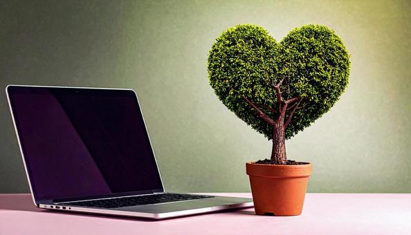 ハート型の小さな木とノートパソコン ハート型の小さな木とノートパソコンの写真