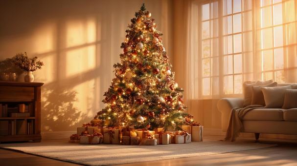 光に包まれたクリスマスツリーとプレゼント 光に包まれたクリスマスツリーとプレゼントの写真