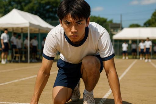 スタートラインに立つ真剣な高校生 スタートラインに立つ真剣な高校生の写真
