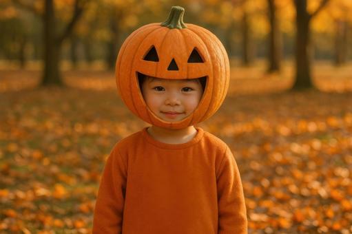 カボチャ帽の子どもの写真