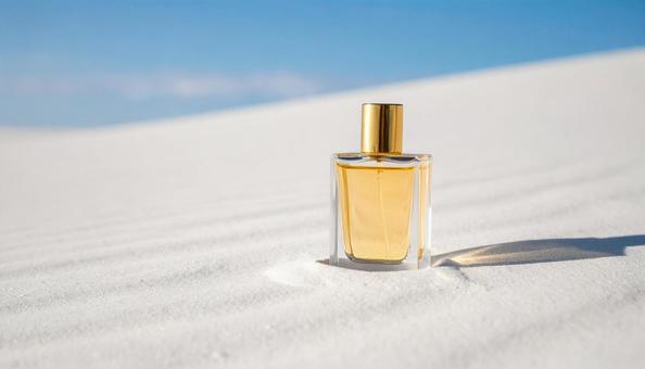 美しい白い砂浜と香水瓶の写真