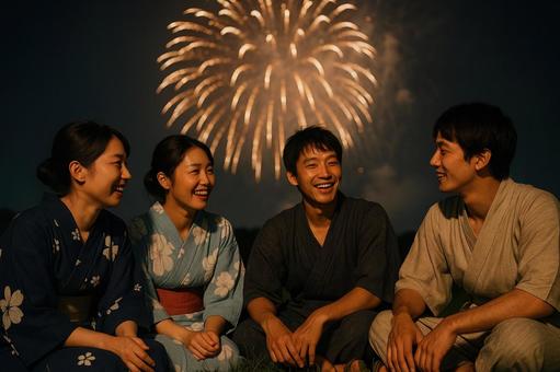 花火を見ながら語り合う友人たち 花火を見ながら語り合う友人たちの写真