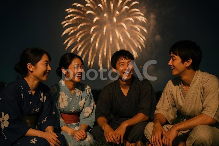 花火を見ながら語り合う友人たち 日本,友人,花火の写真素材
