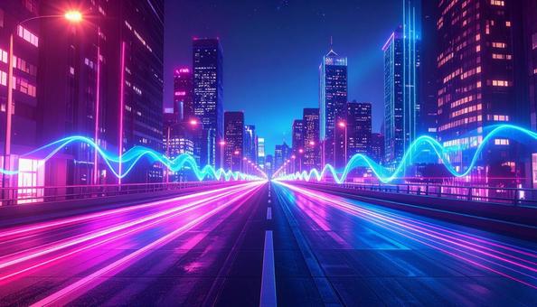 ネオン光が走る近未来の都市道路 ネオン光が走る近未来の都市道路の写真