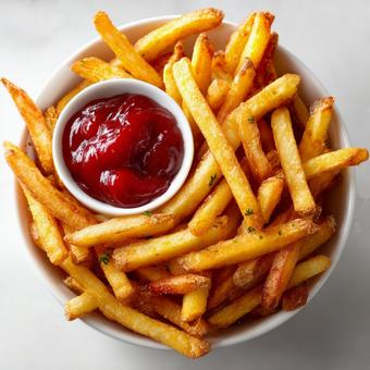 たくさんのポテトフライとケチャップ たくさんのポテトフライとケチャップの写真