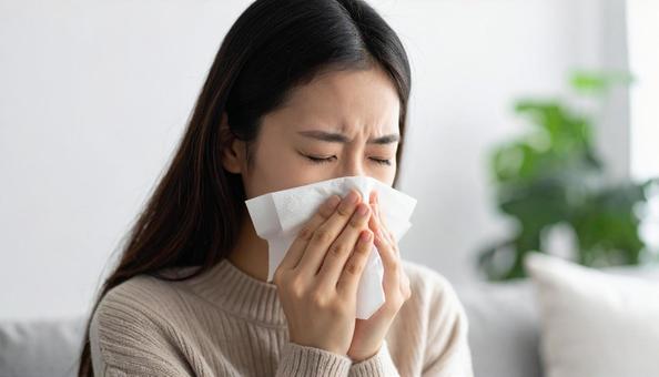 ティッシュで鼻をかむ日本人の若い女性 ティッシュで鼻をかむ日本人の若い女性の写真