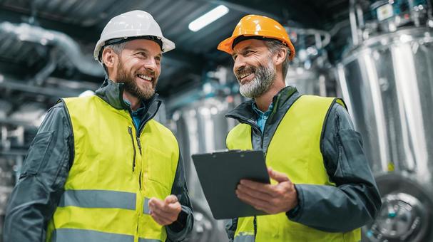 Two industrial engineers discussing in a factory, technician, engineer, operator, JPG