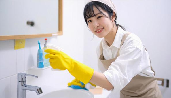 お風呂場を掃除する主婦の家事イメージ お風呂場を掃除する主婦の家事イメージの写真