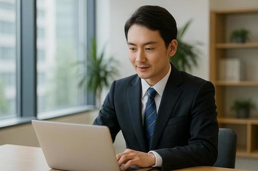 ノートPC作業する男性社員 ノートPC作業する男性社員の写真