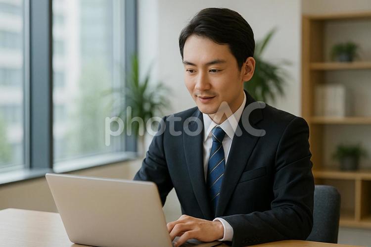 ノートPC作業する男性社員 男性,スーツ,仕事の写真素材