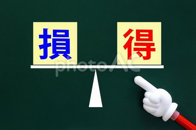 損得で考えるとどちらが大きいですか 損,得,損得の写真素材