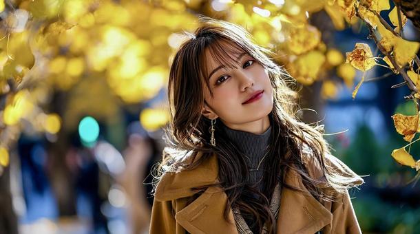 紅葉を背景に微笑む上品な若い女性 紅葉を背景に微笑む上品な若い女性の写真
