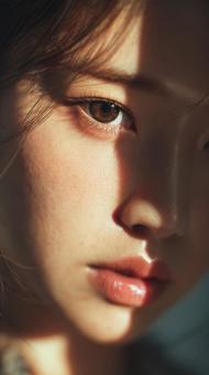 ドラマチックな光に照らされた女性の顔 ドラマチックな光に照らされた女性の顔の写真