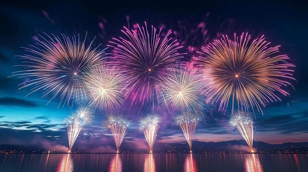 湖と夕焼け空を背景に日本の夏祭りの花火 湖と夕焼け空を背景に日本の夏祭りの花火の写真