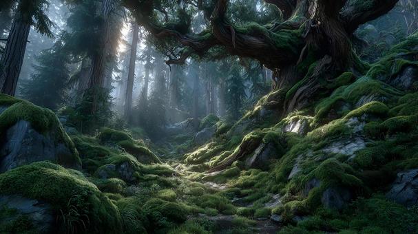 巨木と苔が織りなす幻想的な風景 巨木と苔が織りなす幻想的な風景の写真