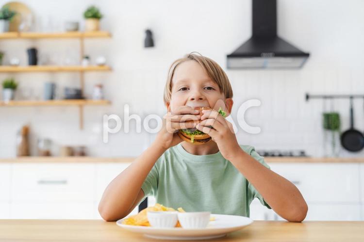 ハンバーガーを食べる男の子 男の子,人物,カメラ目線の写真素材